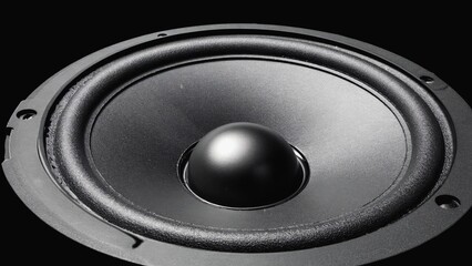 Close-up of a black audio speaker with detailed texture and lighting, symbolizing sound technology, music equipment, audio performance, bass output, sound production, high-quality acoustic components