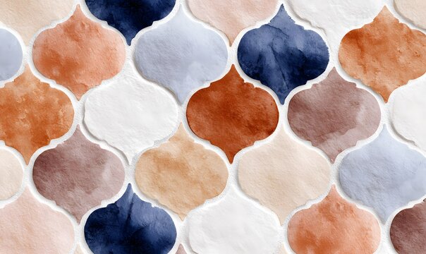 Seamless Moroccan mosaic pattern with soft terracotta, cream, and navy tones, round ornamental shapes