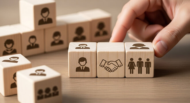 Strategic team building and partnership success visualized with wooden blocks featuring diverse icons representing people and collaboration
