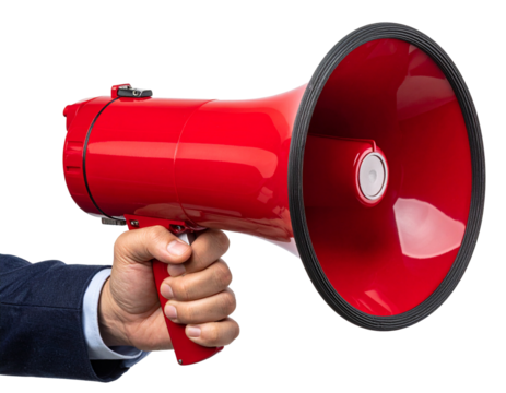 A hand holding a red megaphone isolated on transparent or white backgrounds