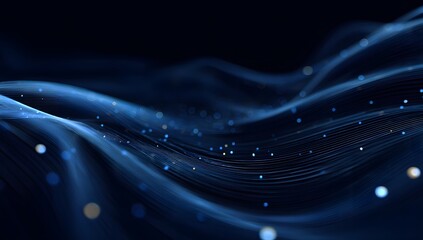 Abstract flowing deep blue wave illuminated by subtle light particles and digital data streams isolated on transparent background
