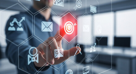 Professional touching digital interface with business strategy icons, aiming for corporate success and modern goal achievement in a sleek office environment.