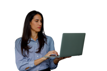 Woman holding laptop and typing, working remotely, focused on online business on transparent background