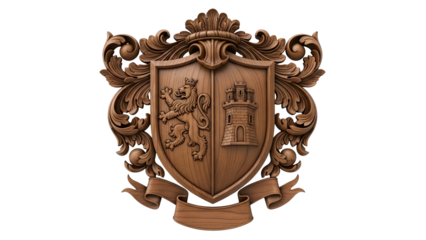 Wooden Heraldic Coat of Arms with Shield and Ornate Frame on Transparent Background