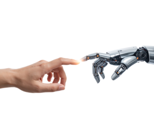 Human finger touches a metallic robot hand symbolizing artificial intelligence connection.