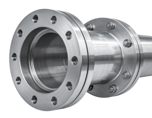 A shiny metal pipe with bolted flanges, showcasing industrial plumbing and engineering isolated on transparent or white backgrounds