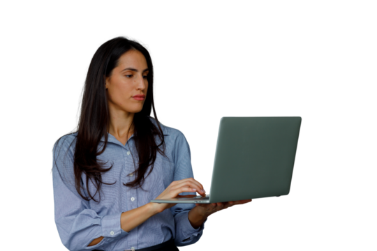 Woman holding laptop and typing, working remotely, focused on online business on transparent background