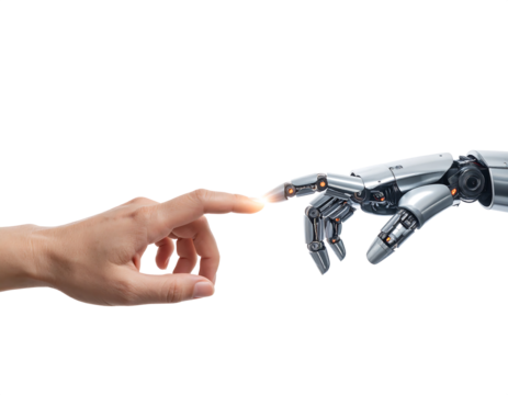 Human finger touches a metallic robot hand symbolizing artificial intelligence connection.