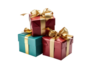 Stacked Red Teal Gift Boxes Gold Ribbons Bows present wrapped, Isolated On Transparent Background