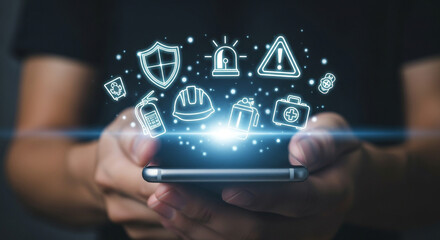 Empowering safety and security with digital tools, visualize protective icons and alerts emerging from a smartphone for modern risk management solutions