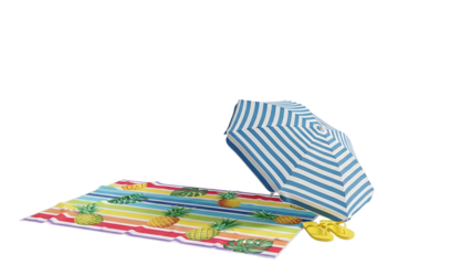 Colorful Summer Beach Accessories with Pineapple Print Towel Blue and White Umbrella Yellow Flip Flops