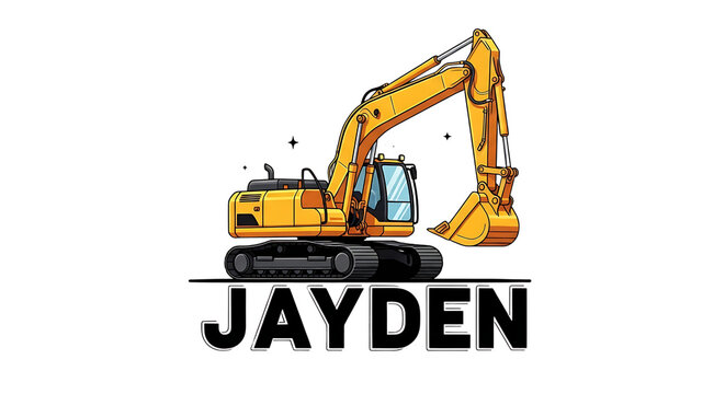 Illustration of yellow excavator with the name jayden on a transparent background, isolated on transparent background on transparent background