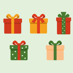 Colorful set of five flat-style gift boxes with ribbons and bows in red, green, and yellow tones. Perfect for Christmas, birthday, or festive celebration designs, cards, and clipart projects.