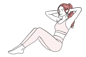腹筋（クランチ/シットアップ）をする女性の線画イラスト,体幹,フィットネス,ダイエット,運動