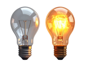 Glowing and turned off electric light bulb isolated on transparent or white backgrounds