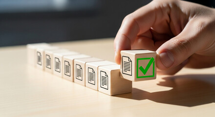 Confident hand places final checklist item, signifying successful task completion and project approval in a modern business setting.