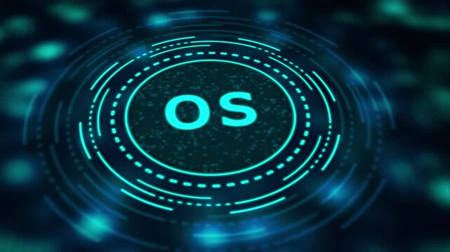 Cyan OS acronym in a digital circular interface with bokeh effect operating system technology