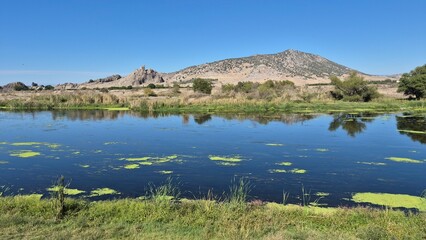 Ruins of Ancient Amouda Castle (Hemite Castle) on Rocky Hill Overlooking Ceyhan River Wetlands in...