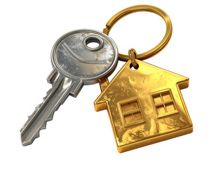 House keys with golden house shaped keychain isolated on transparent or white backgrounds