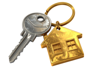 House keys with golden house shaped keychain isolated on transparent or white backgrounds