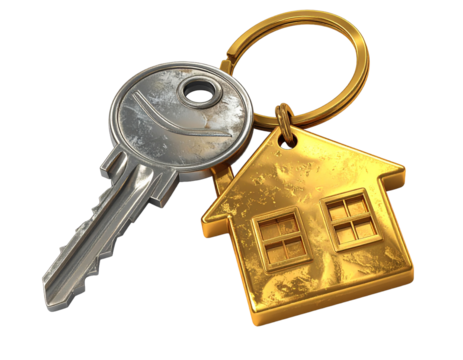 House keys with golden house shaped keychain isolated on transparent or white backgrounds
