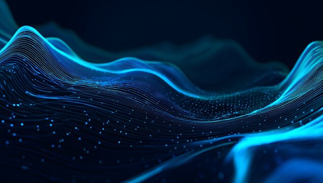 Abstract flowing luminous blue digital wave pattern with glowing particles representing data streams and network connections isolated on transparent background