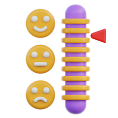 Three dimensional cartoon survey icons happy neutral and sad faces next to a purple and yellow satisfaction scale meter with a red arrow indicator on a transparent background