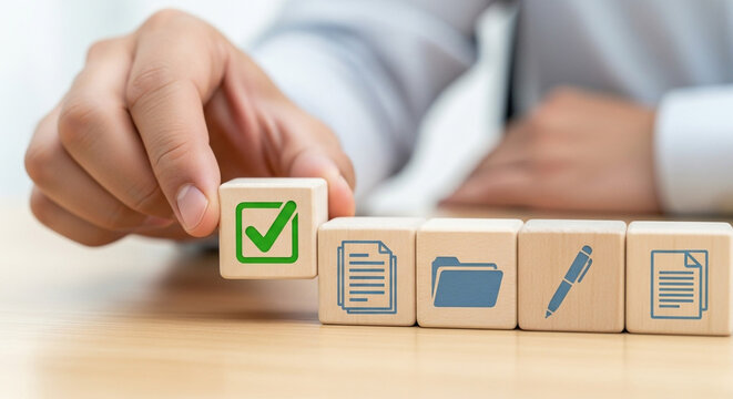 Business professional confidently places checkmark cube signifying successful task completion and organized workflow development
