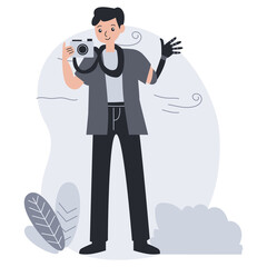 Young Man With Prosthetic Arm Holding A Camera Taking Photos With A Smile And Wearing Casual Clothes In A Light Blue And Gray Color Scheme With A Transparent Background And Stylized Foliage Elements