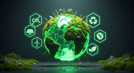 Vibrant green earth with futuristic glowing icons symbolizes sustainable future, clean energy, and environmental protection initiatives worldwide.