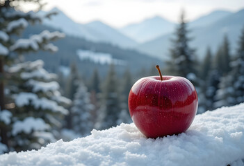 A single red apple resting on a snow-covered wooden fence, with soft-focus pine trees and distant mountains creating a calm winter atmosphere.