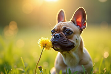 Fototapeta premium French Bulldog sniffing dandelion flower in sunny green meadow 