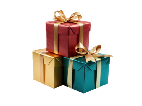 Stacked Wrapped Gifts Red Gold Teal Gold Ribbons boxes, Isolated On Transparent Background