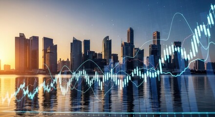Modern Skyline Cityscape at Sunset with Digital Financial Graph Overlay