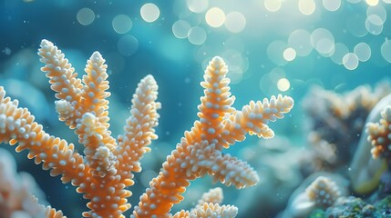 Fototapeta premium Close up of orange coral in blue water with bokeh effect and sunlight shining through the water