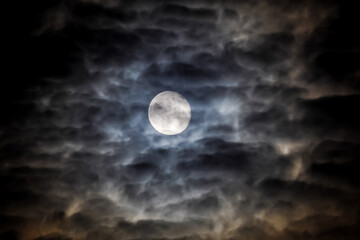 Full moon on a dark cloudy night with clouds flying in front of the moon like in thrillers and horror movies. Dark night sky, black clouds. Real shooting