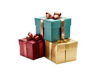 Obraz premium Teal red gold stacked gift boxes with ribbons image, Isolated On Transparent Background