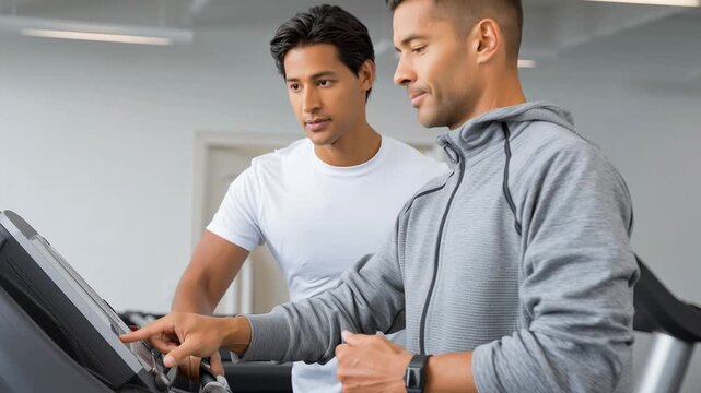 Fitness professional adjusting treadmill controls, coaching client during personalized training session in sleek, well equipped health club interior