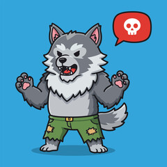 Cartoon illustration of an angry grey werewolf character with fangs and claws, wearing torn green pants, and a red speech bubble with a skull icon.