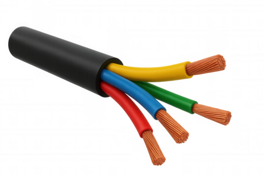 Electricity cable showing multicore copper wires, power connection and industrial energy concept on transparent background
