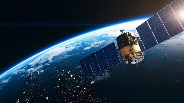 Satellite orbiting earth with solar panels in space against a blue background