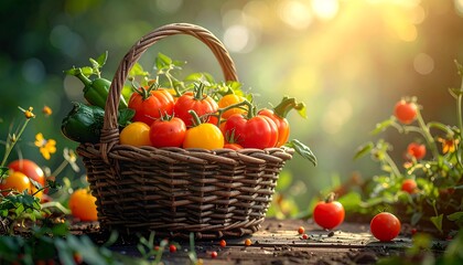 Wicker basket filled with fresh, red and yellow tomatoes, green peppers sits on weathered wood in garden with sunlight
