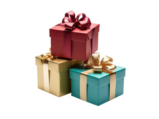 Fototapeta premium Stacked Festive Gift Boxes Red Gold Teal Satin Ribbons present, Isolated On Transparent Background