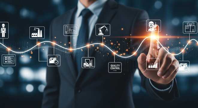 Professional businessman analyzing supply chain operations with digital interface displaying production, logistics, and quality control metrics