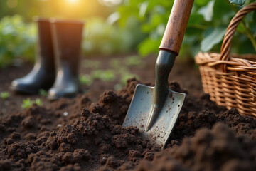 Gardening tools in soil with basket and rubber boots at sunset  