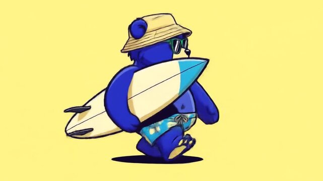 Cartoon bear with sunglasses and surfboard on yellow background