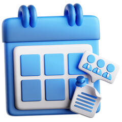 Blue Calendar Icon Representing Meeting Schedule With Document And People Icons On Transparent Background 3D Render