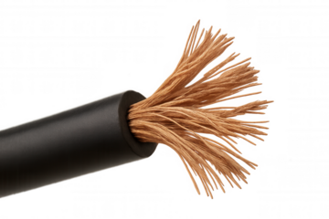 Copper wire strands exposed from black insulation, conducting electricity, technology concept on transparent background