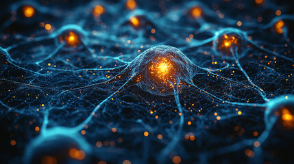 Neuron cells glowing in blue and orange light Generative AI