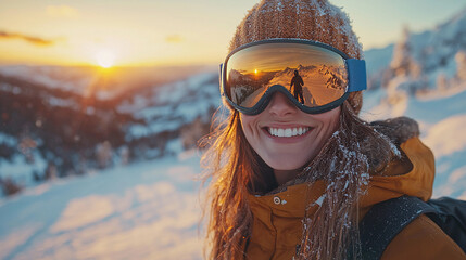 Joyful woman enjoying winter sunset in snowy mountains Generative AI